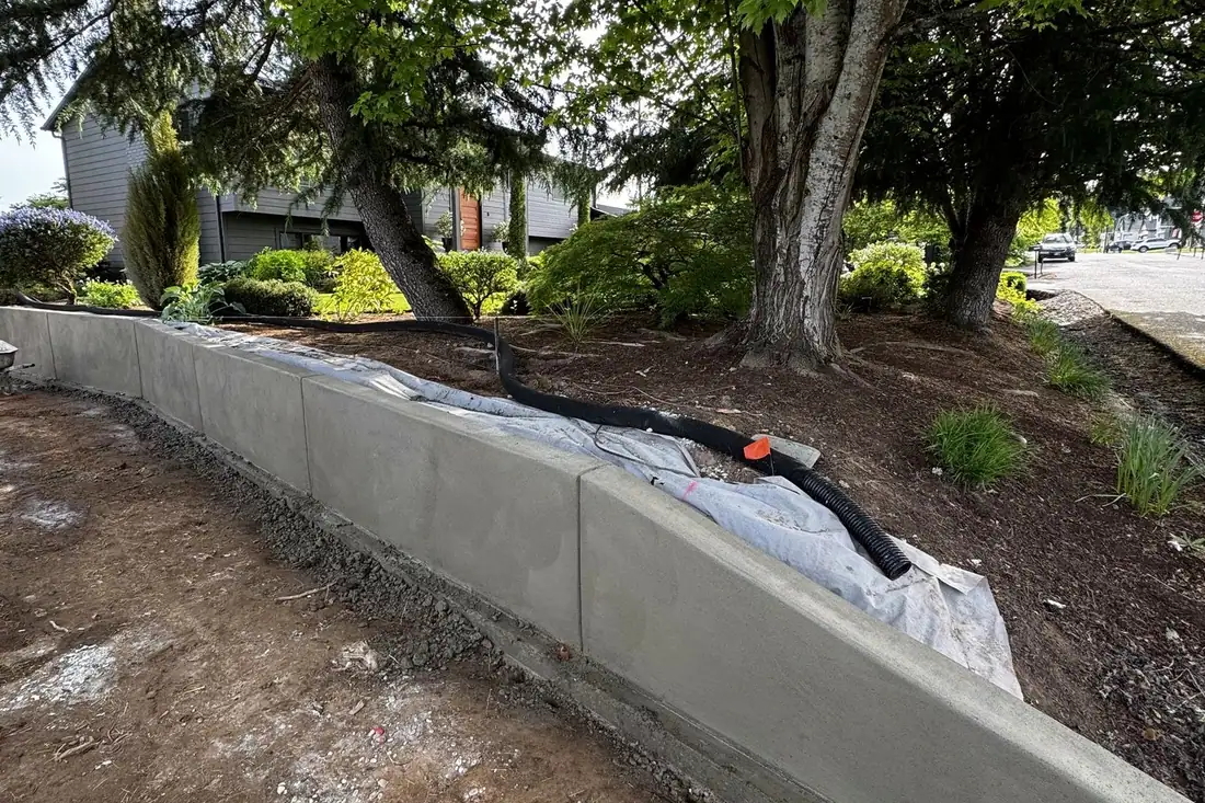 Concrete retaining wall along a planting bed, with a drain pipe behind it