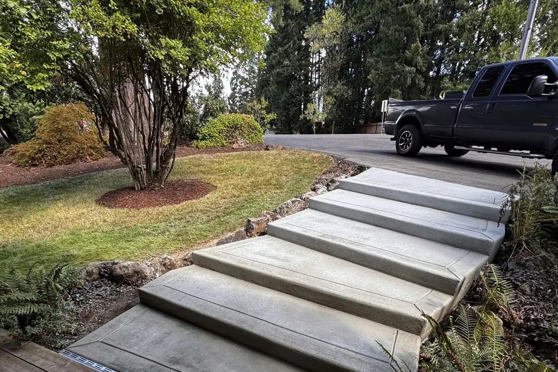 Wide concrete steps leading down through a front yard